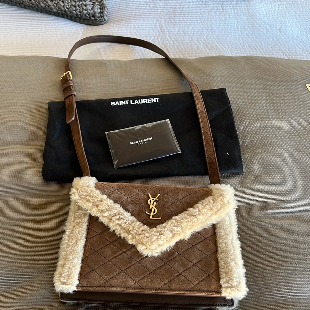 Gaby Mini YSL Envelope Flap Shearling Shoulder Bag